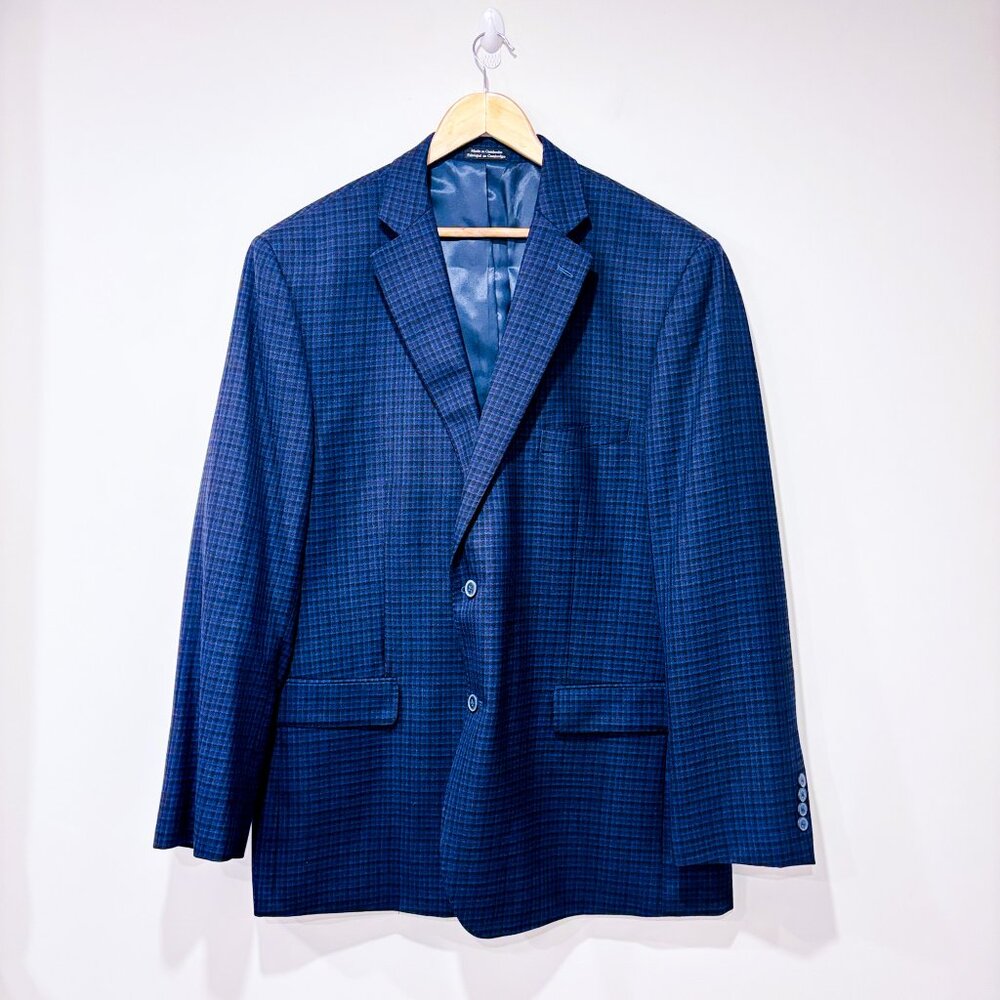 ALFRED SUNG Navy plaid wool blazer |‎ Tailored classic mens jacket | 48 Long *